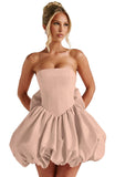 Satin Flower Bud Homecoming Dress Short Prom Dress with Bow Strapless A Line Mini Cocktail Party Gown
