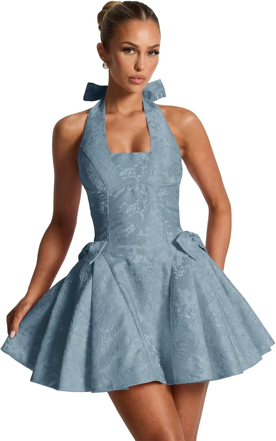 Satin Jacquard Halter Homecoming Dresses with Bow for Teens Mini A-Line Puffy Cocktail Corset Evening Party Gown