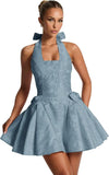 Satin Jacquard Halter Homecoming Dresses with Bow for Teens Mini A-Line Puffy Cocktail Corset Evening Party Gown