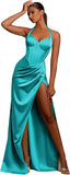 Women's Satin Halter Prom Dresses with Slit Ruched Long Corset Formal Evening Party Gown