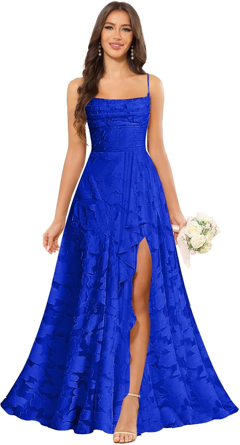 Women’s Ruffled Bridesmaid Dresses Scoop Neck Floral Chiffon Formal Dress Wrap Pleated Wedding Guest Dress
