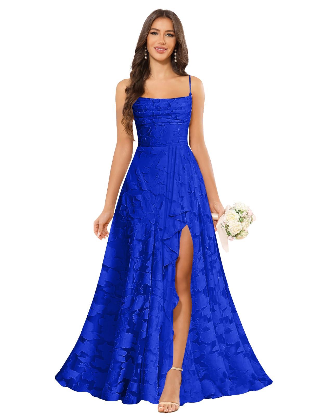 Women’s Ruffled Bridesmaid Dresses Scoop Neck Floral Chiffon Formal Dress Wrap Pleated Wedding Guest Dress