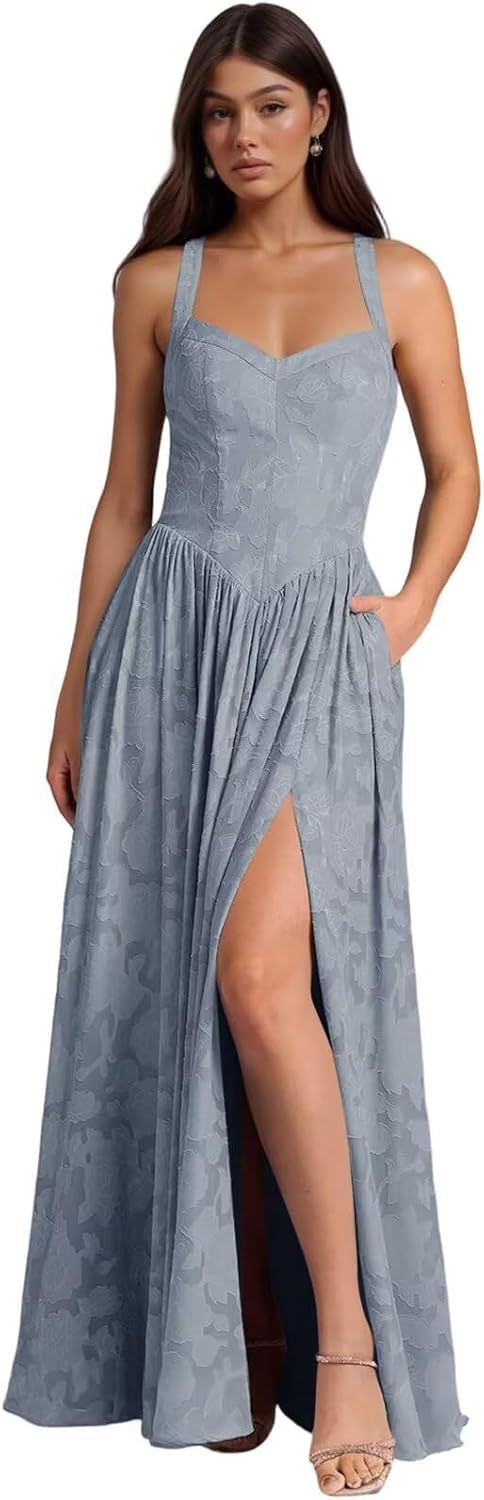 Jacquard Floral Lace Wedding Guest Dress Long Slit A Line Bridesmaid Dresses with Pockets Formal Gown