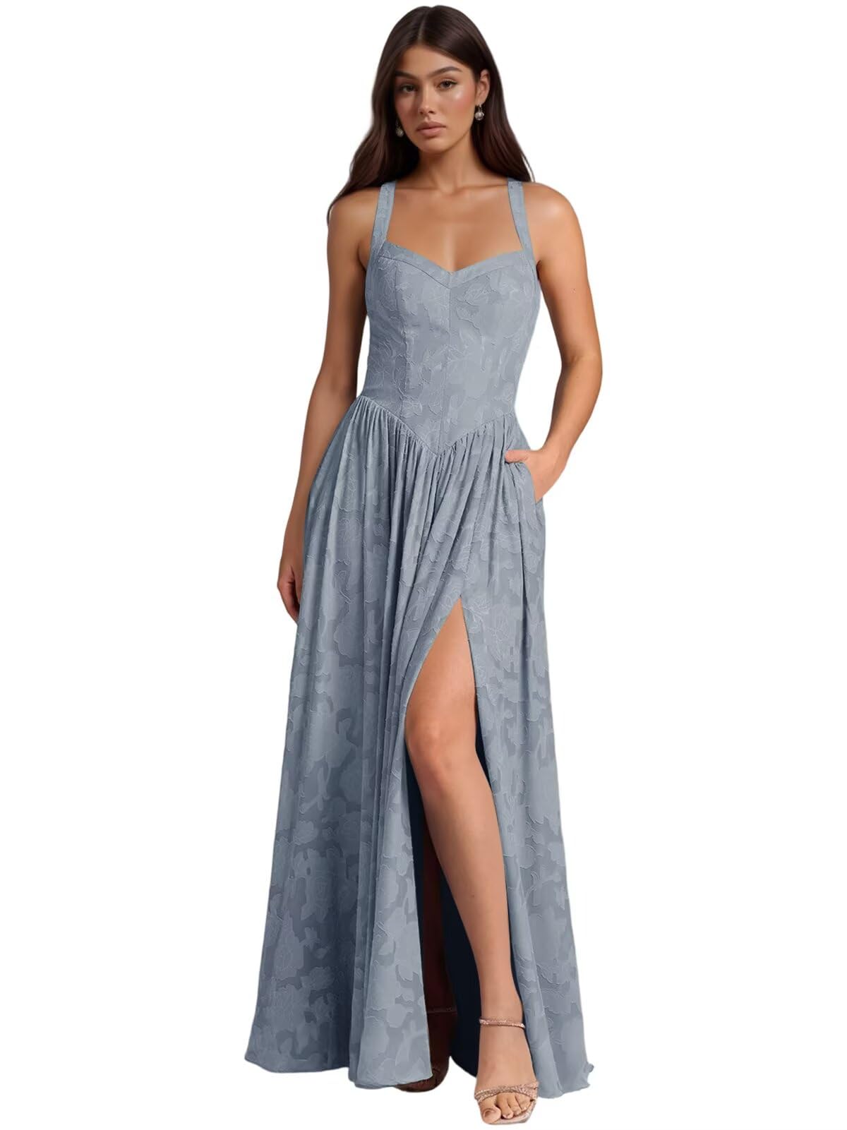 Jacquard Floral Lace Wedding Guest Dress Long Slit A Line Bridesmaid Dresses with Pockets Formal Gown