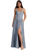 Jacquard Floral Lace Wedding Guest Dress Long Slit A Line Bridesmaid Dresses with Pockets Formal Gown