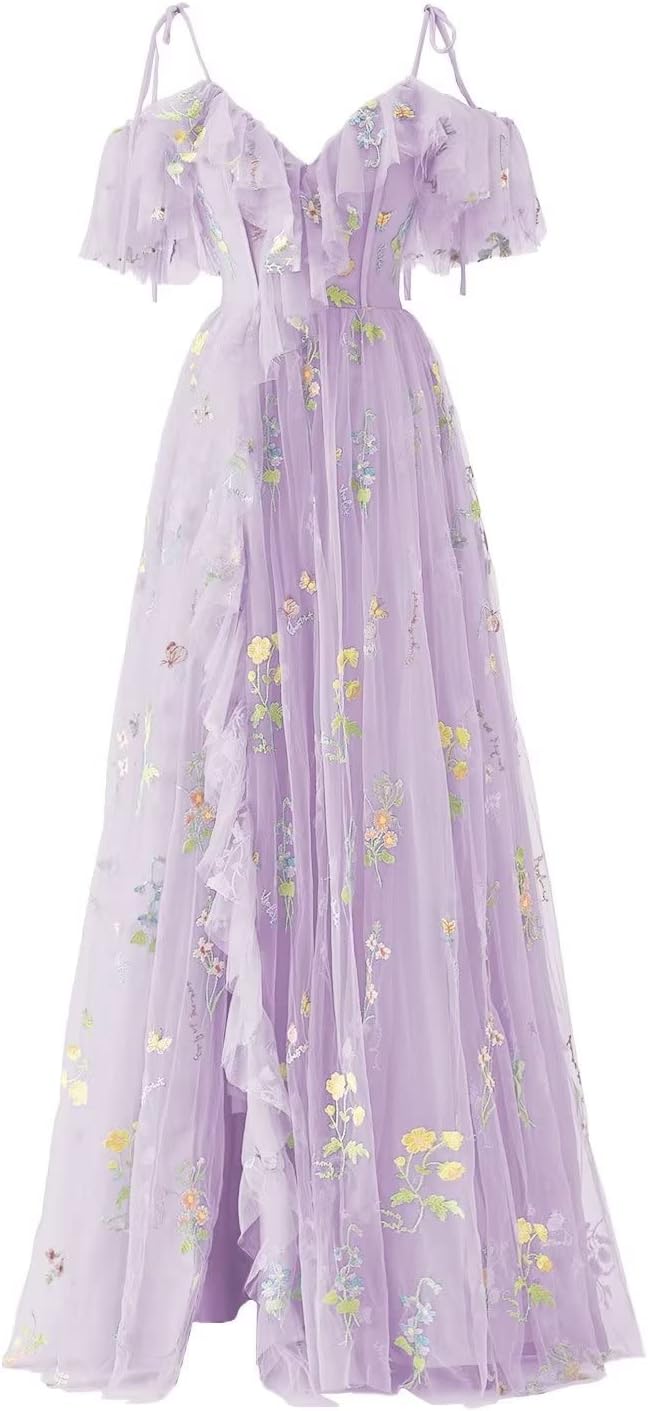 Vestidos de fiesta de tul con bordado floral para mujer, tirantes finos, largos, formales, de noche, 2024 