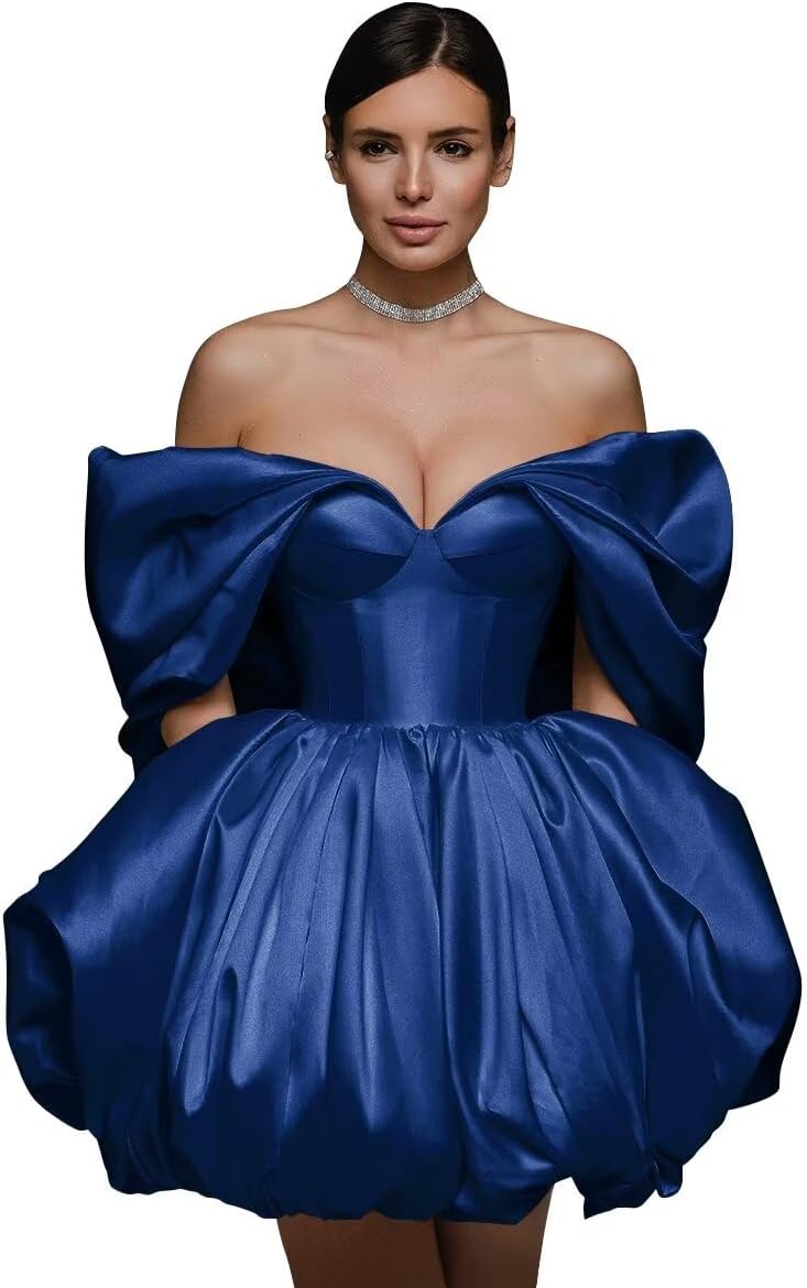Off The Shoulder Short Wedding Dresses for Bride Puffy Satin Bridal Dresses w/Pockets Strapless Formal Ball Gowns