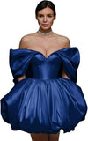 Off The Shoulder Short Wedding Dresses for Bride Puffy Satin Bridal Dresses w/Pockets Strapless Formal Ball Gowns