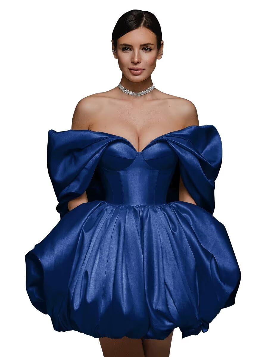 Off The Shoulder Short Wedding Dresses for Bride Puffy Satin Bridal Dresses w/Pockets Strapless Formal Ball Gowns