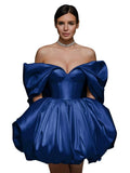 Off The Shoulder Short Wedding Dresses for Bride Puffy Satin Bridal Dresses w/Pockets Strapless Formal Ball Gowns