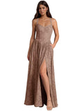 Jacquard Floral Lace Wedding Guest Dress Long Slit A Line Bridesmaid Dresses with Pockets Formal Gown