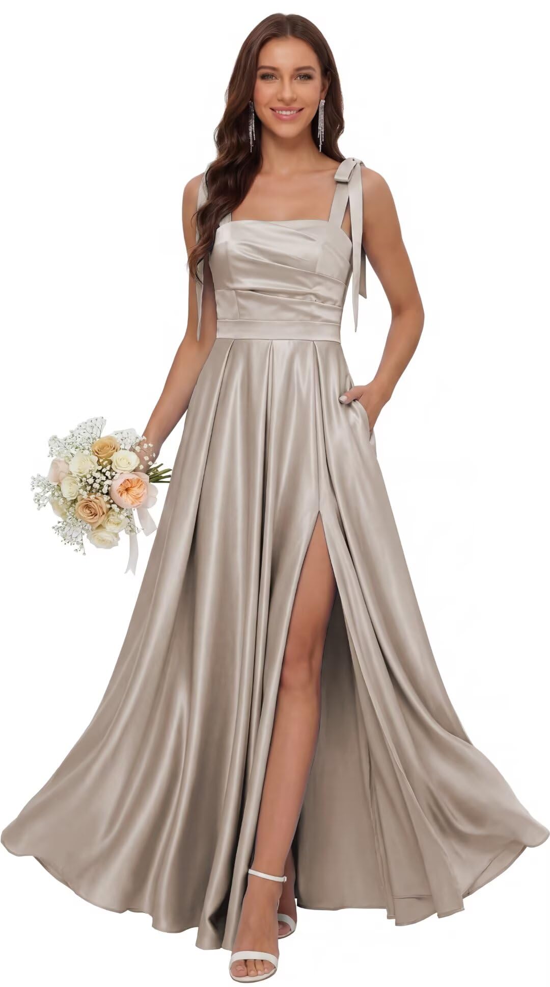 Satin Bridesmaid Dresses with Slit Spaghetti Straps Square Neck Long Formal Evening Dress