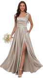 Satin Bridesmaid Dresses with Slit Spaghetti Straps Square Neck Long Formal Dress