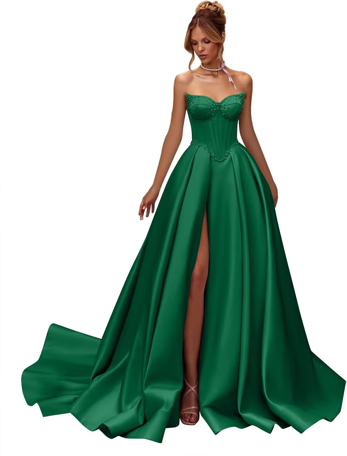 Kingbridal Gowns Strapless Prom Dresses for Women 2026 Long Satin A-line Formal Dress with Slit Beaded Corset Evening Party Gowns