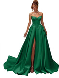 Kingbridal Gowns Strapless Prom Dresses for Women 2026 Long Satin A-line Formal Dress with Slit Beaded Corset Evening Party Gowns