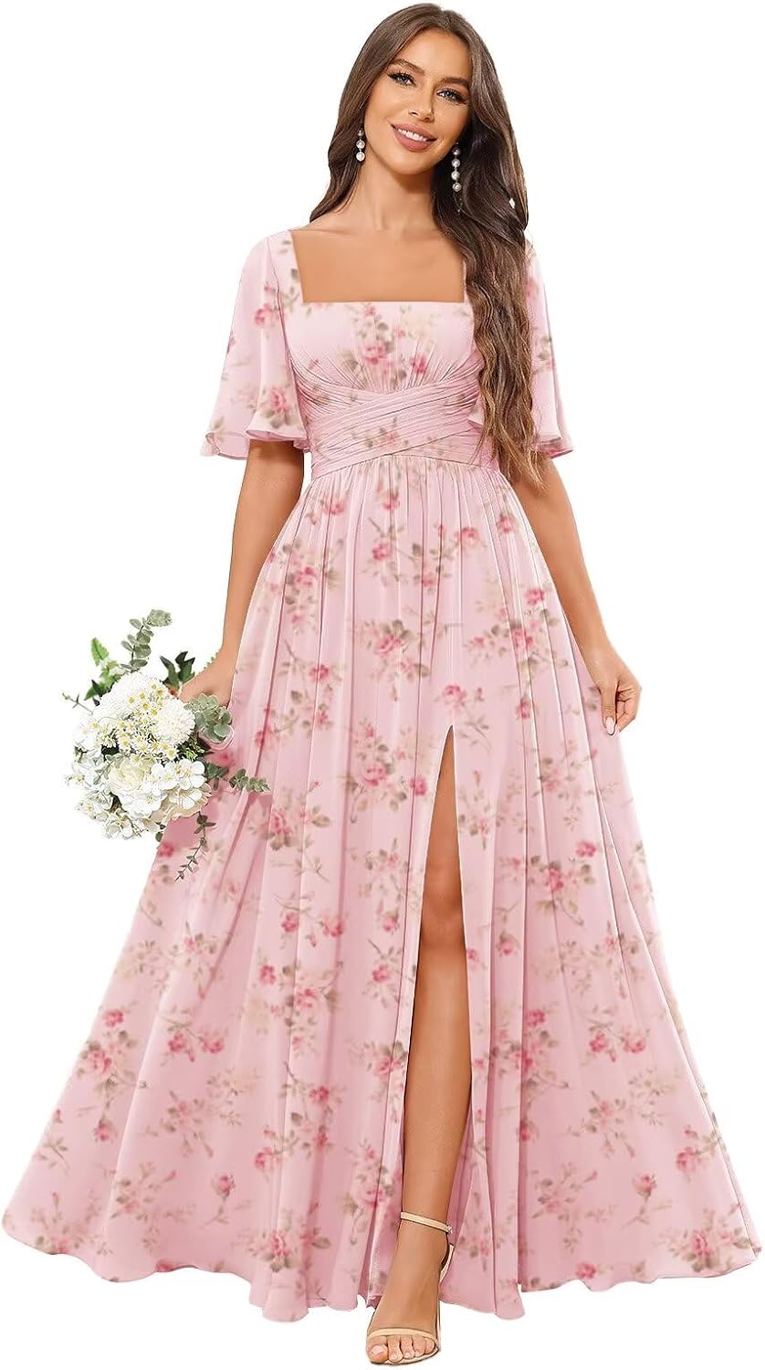 Square Neck Bridesmaid Dresses with Slit Pockets Flutter Sleeve Long Chiffon Formal Wedding Guest Dress
