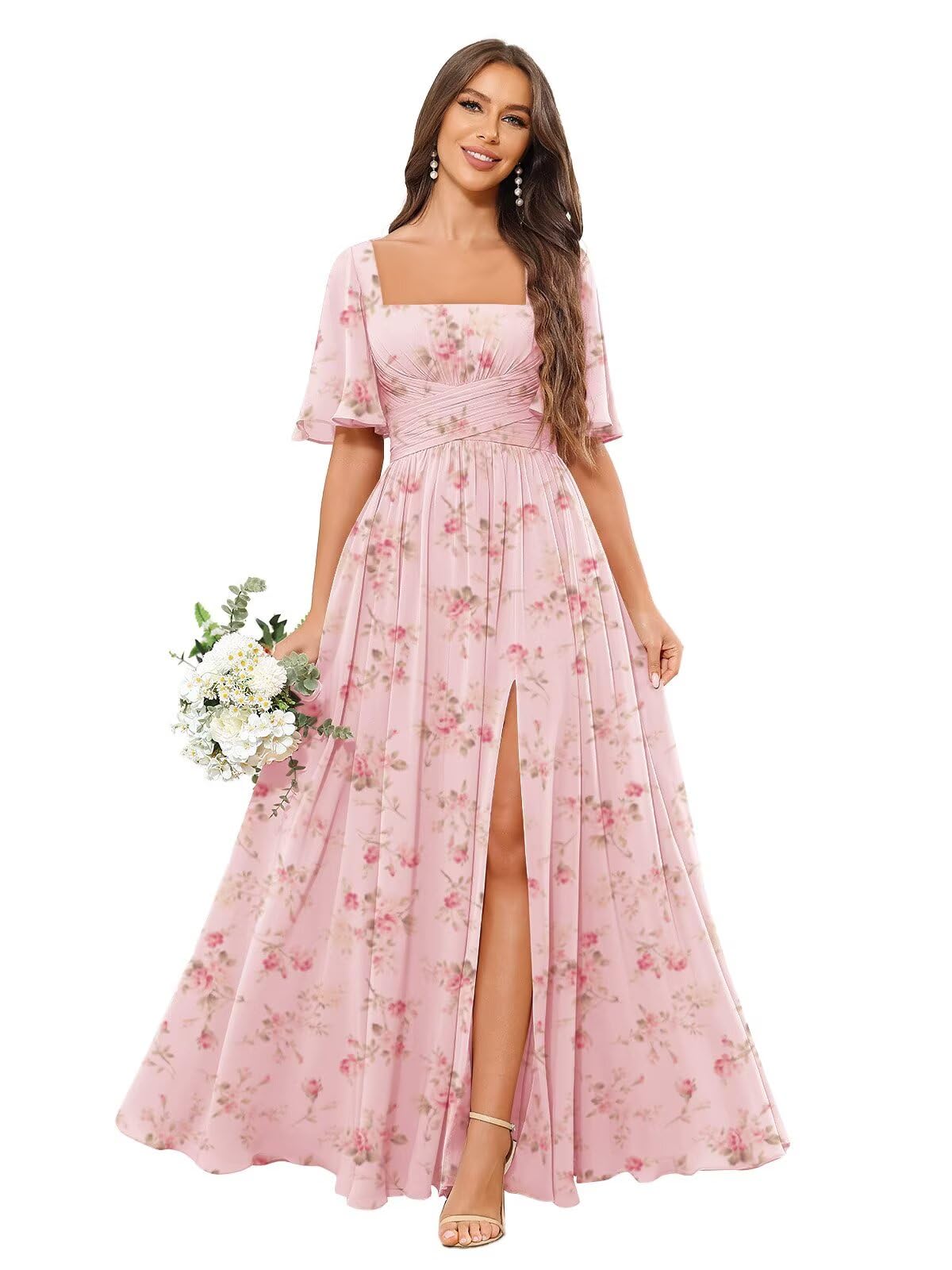 Square Neck Bridesmaid Dresses with Slit Pockets Flutter Sleeve Long Chiffon Formal Wedding Guest Dress