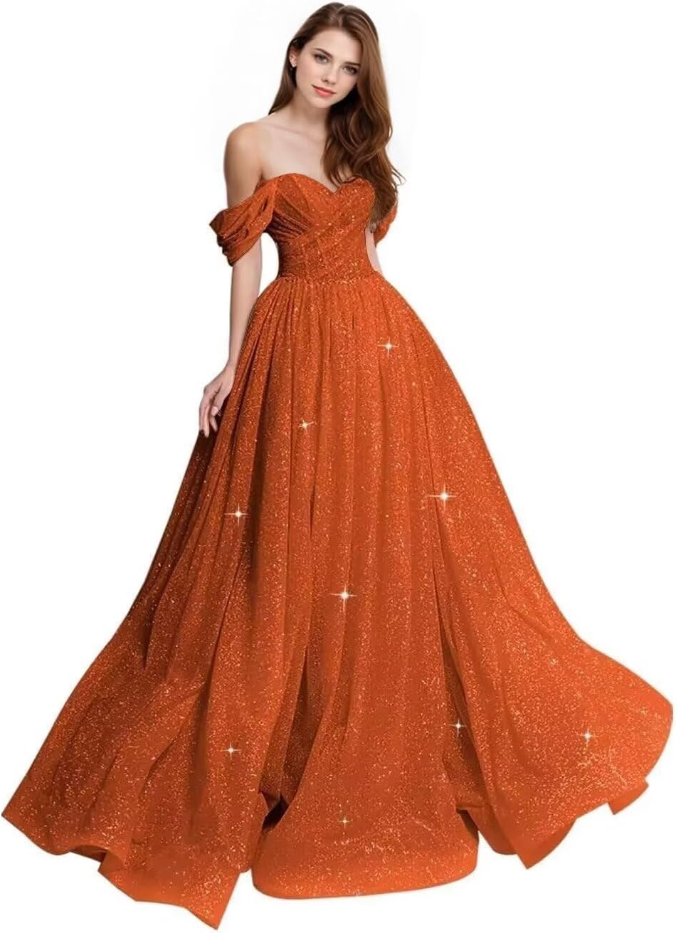 Sparkly Tulle Prom Dress 2026 Off The Shoulder Formal Dresses for Women Glitter A Line Long Ball Gown
