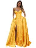 Satin Spaghetti Straps Prom Dresses for Women Jacquard Aline Backless Formal Evening Party Ball Gowns with Pockets