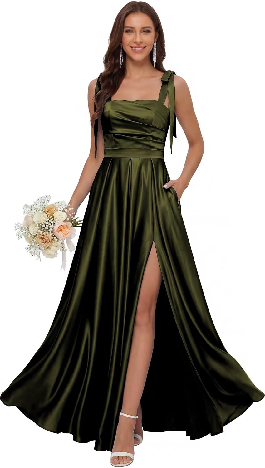 Satin Bridesmaid Dresses with Slit Spaghetti Straps Square Neck Long Formal Evening Dress