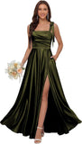 Satin Bridesmaid Dresses with Slit Spaghetti Straps Square Neck Long Formal Evening Dress