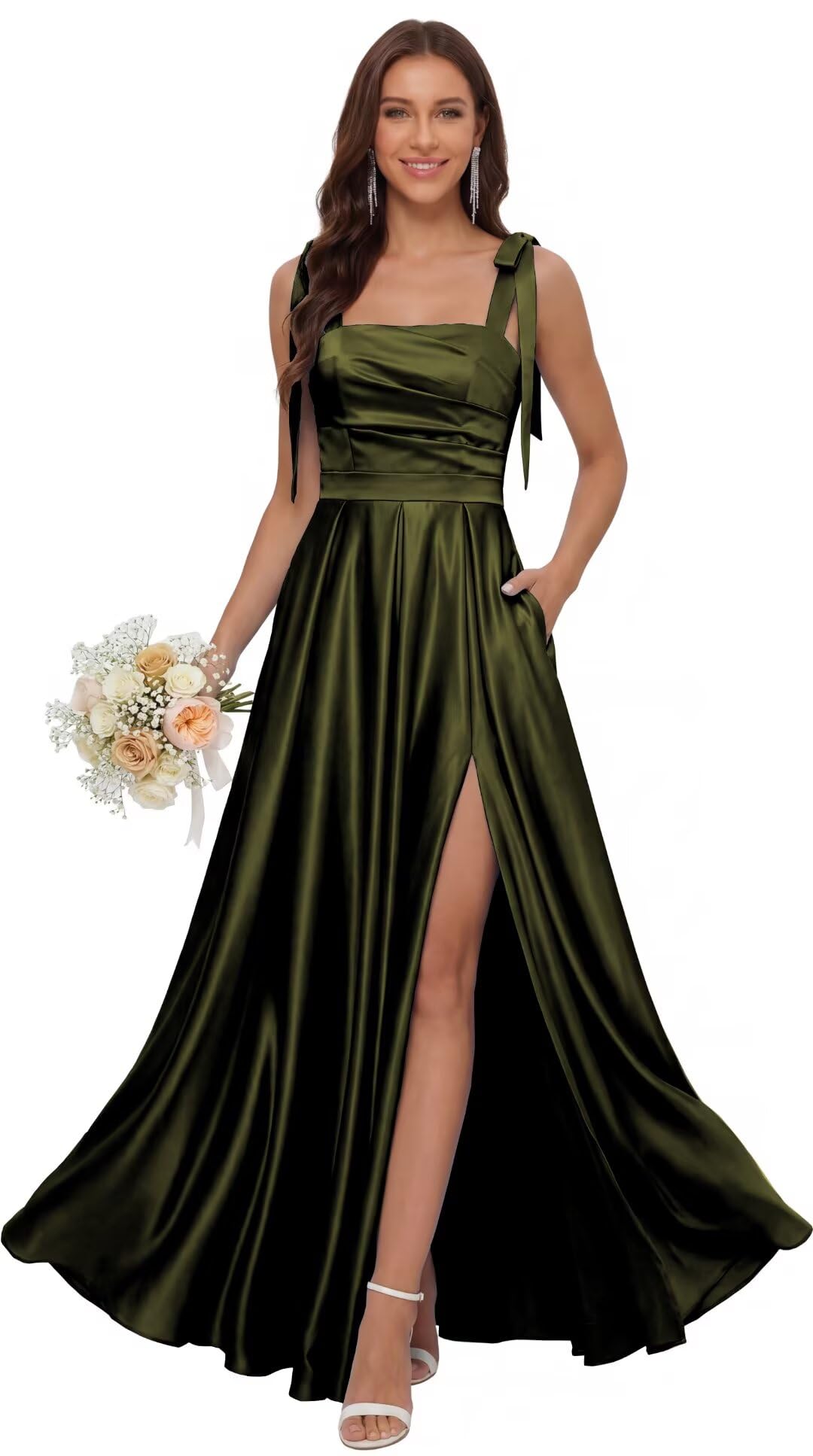 Satin Bridesmaid Dresses with Slit Spaghetti Straps Square Neck Long Formal Dress