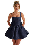 Satin Jacquard Homecoming Dress with Bow Short A-Line Mini Prom Cocktail Party Gown