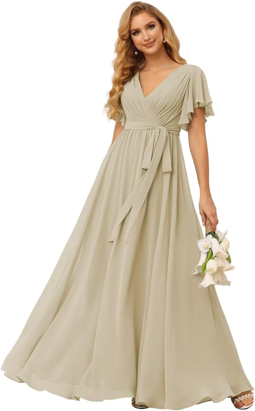 Damen Brautjungfernkleider mit Flatterärmeln, lang, mit Taschen, V-Ausschnitt, Chiffon, formelle Kleider 