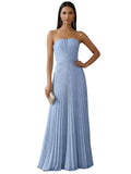 Strapless Prom Dresses for Women Long A Line Cocktail Dress Pleated Chiffon Formal Wedding Guest Dress