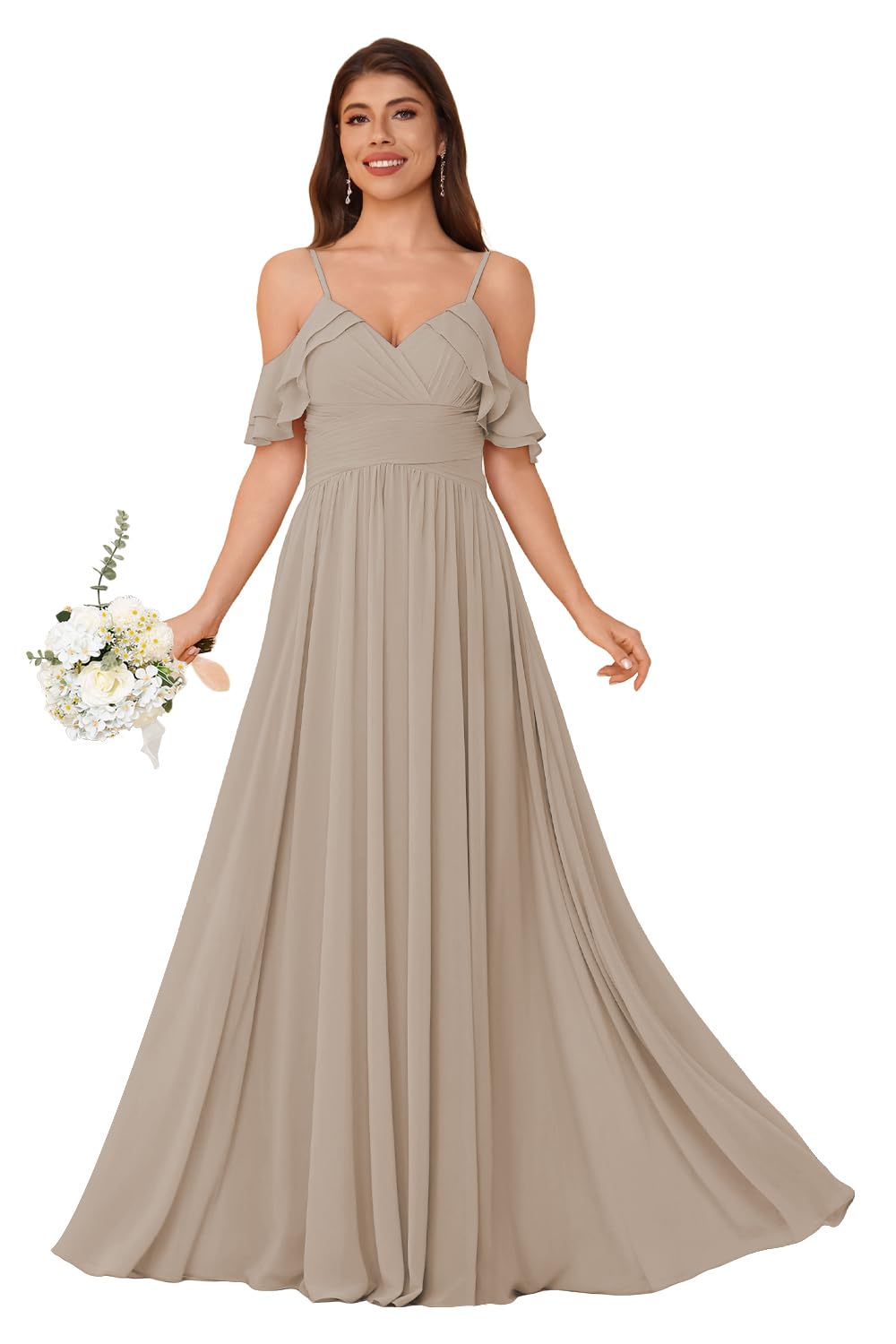Women's Long Chiffon Bridesmaid Dresses Ruffle V Neck Formal Evening Prom Gown Spaghetti Strap Maxi Wedding Guest Dress