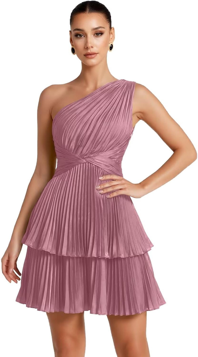 One Shoulder Satin Homecoming Dresses for Teens 2026 Short A-line Prom Dress Pleated Tiered Cocktail Party Gowns