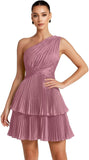 One Shoulder Satin Homecoming Dresses for Teens 2026 Short A-line Prom Dress Pleated Tiered Cocktail Party Gowns