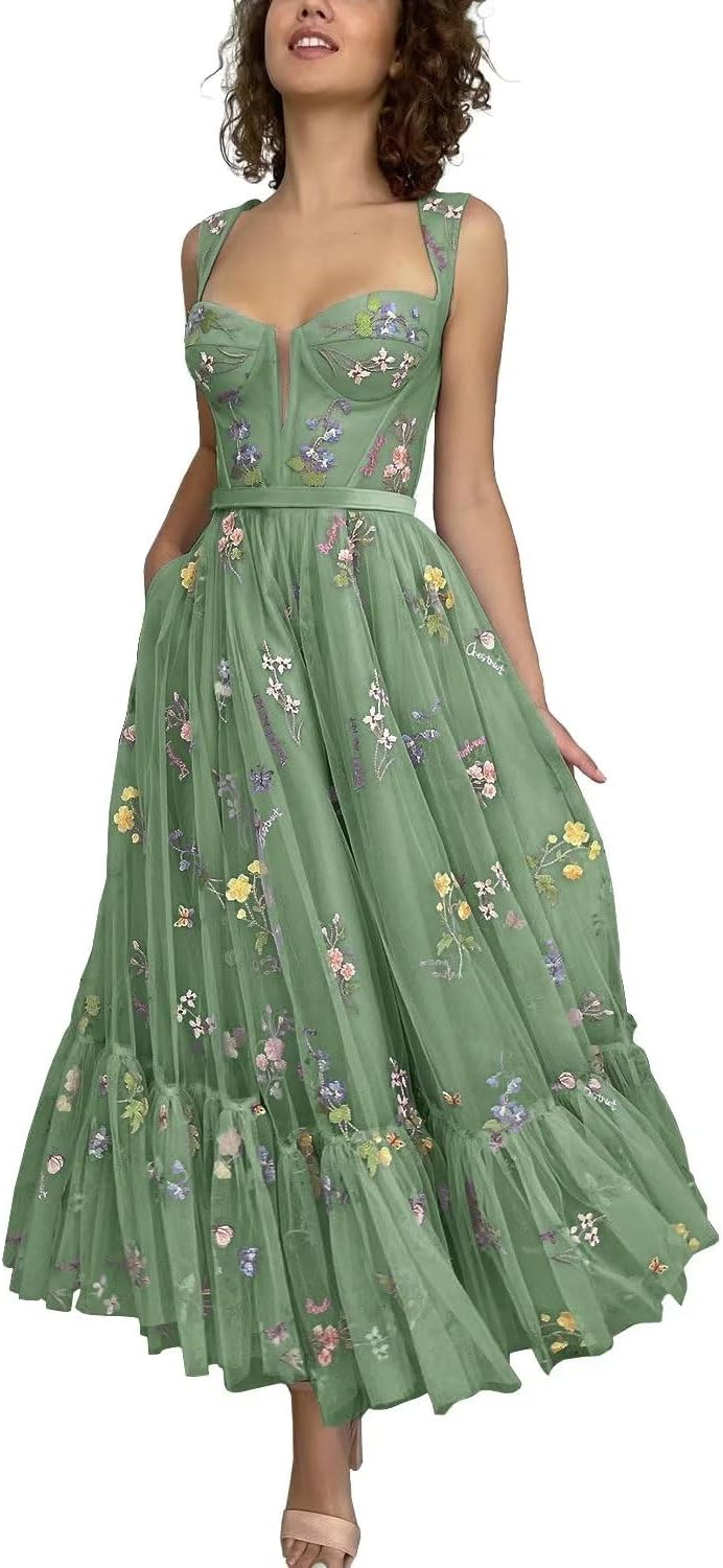 Vestidos de tul con bordado floral para mujer 2024, vestidos formales de fiesta de noche 