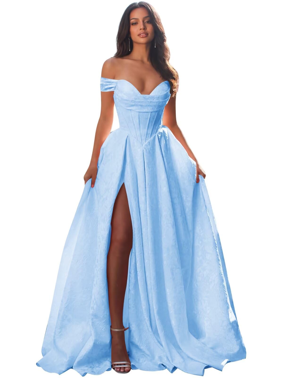 Jacquard Satin Prom Dresses Off the Shoulder Corset A Line Long Formal Gown Sweetheart Neck Party Dress with Slit