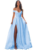 Jacquard Satin Prom Dresses Off the Shoulder Corset A Line Long Formal Gown Sweetheart Neck Party Dress with Slit