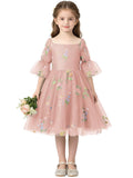 Floral Embroidery Flower Girl Dress Puff Sleeve Birthday Party Gown Girls Tulle A-Line Short Wedding Guests Dresses