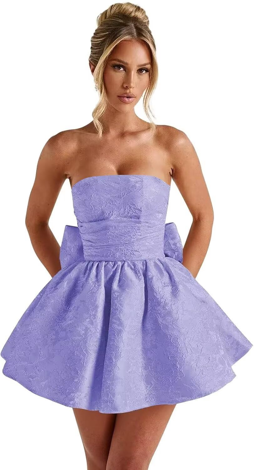 Strapless Satin Homecoming Dresses for Teens 2027 Jacquard A-line Short Prom Cocktail Gowns with Bow