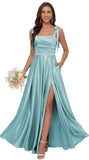 Satin Bridesmaid Dresses with Slit Spaghetti Straps Square Neck Long Formal Dress