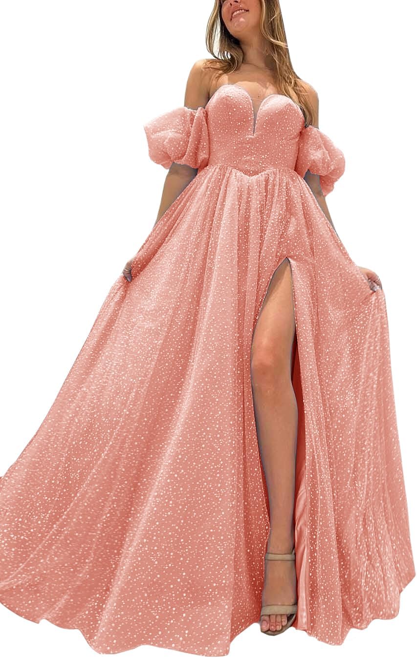 Tulle Prom Dresses for Women 2027 Sparkly Puffy Sleeves Long Ball Gowns with Slit A-Line Evening Dresses