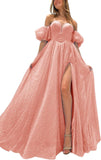 Tulle Prom Dresses for Women 2027 Sparkly Puffy Sleeves Long Ball Gowns with Slit A-Line Evening Dresses