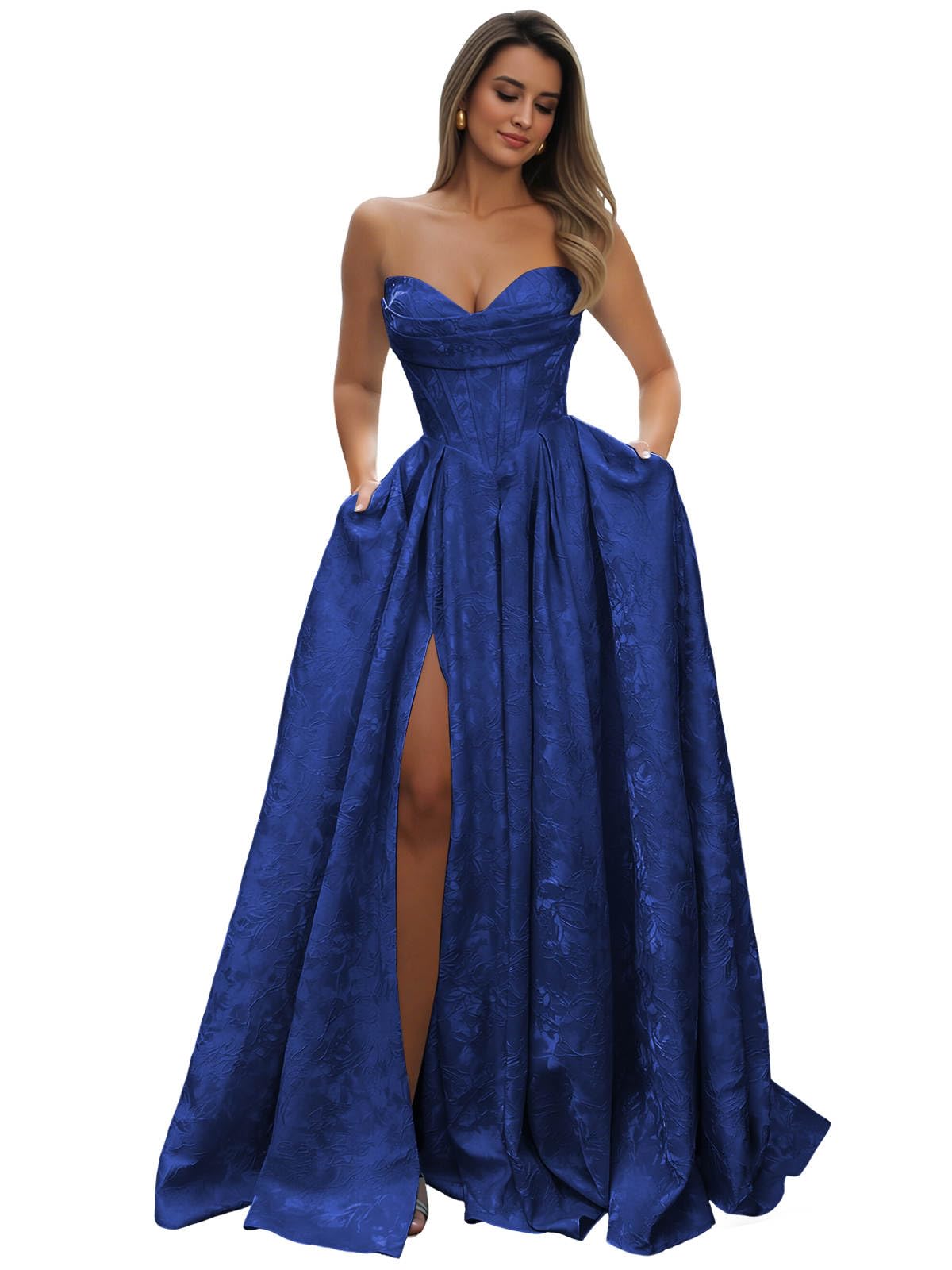 Strapless Prom Dress Jacquard Satin Ball Gown Pleated A Line Long Corset Formal Evening Dresses with Slit Pockets