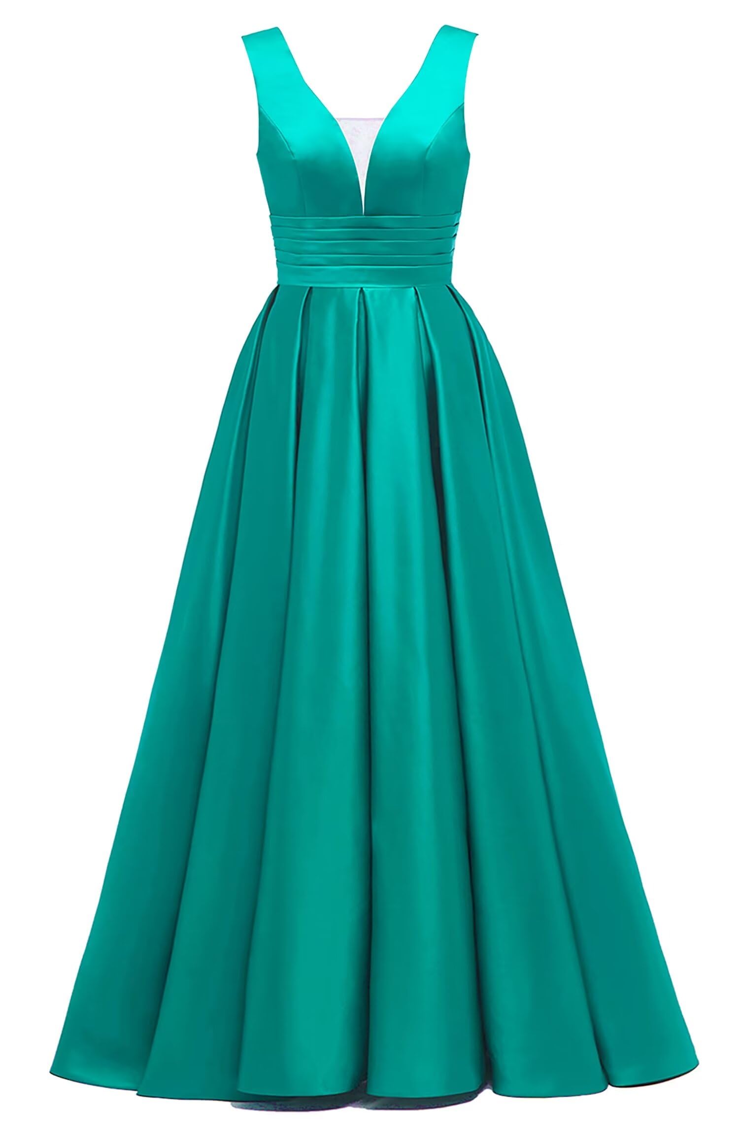 Glitter Satin Prom Dresses for Women Long V Neck A-Line Pleated Formal Evening Party Gowns with Pockets
