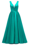 Glitter Satin Prom Dresses for Women Long V Neck A-Line Pleated Formal Evening Party Gowns with Pockets