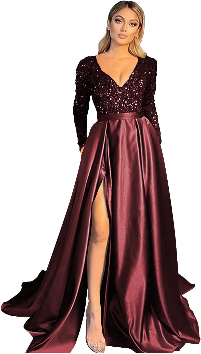 Vestido de fiesta de satén con lentejuelas brillantes para mujer, con bolsillos, manga larga y abertura. 