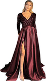 Vestido de fiesta de satén con lentejuelas brillantes para mujer, con bolsillos, manga larga y abertura. 