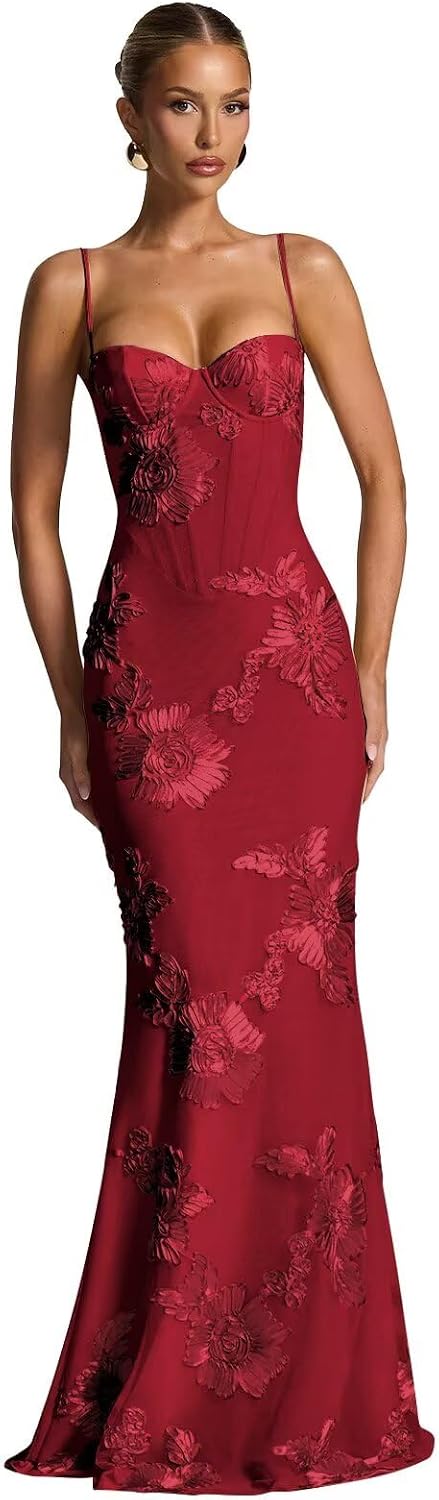 Spaghetti Straps Mermaid Prom Dress 2026 Floral Embroidery Long Corset Formal Evening Gowns