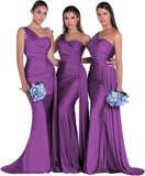 Women's One Shoulder Mermaid Bridesmaid Dresses Long Ruched Bodycon Satin Formal Prom Gowns