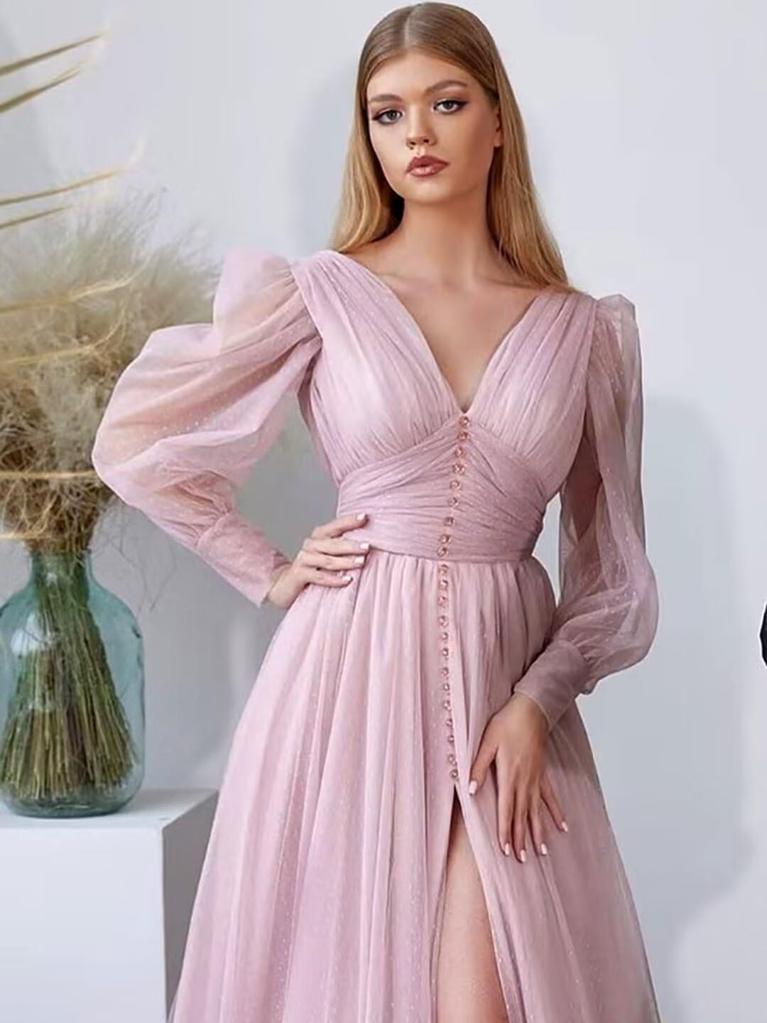 Puffy Sleeve Tulle Prom Dresses Long Ball Gown with Slit for Women 2027 V Neck Long Formal Evening Gowns