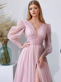 Puffy Sleeve Tulle Prom Dresses Long Ball Gown with Slit for Women 2027 V Neck Long Formal Evening Gowns