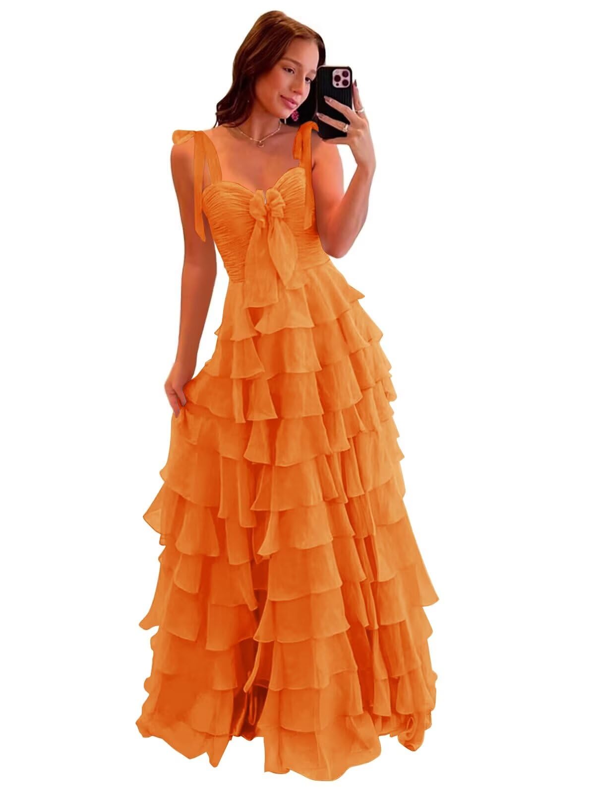 Tiered Prom Dresses with Bow Long A-Line Chiffon Formal Evening Dress for Women Spaghetti Straps Slit Ball Gown